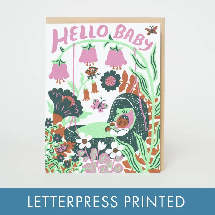 Hello Baby Bassinet (Purple) Letterpress Greeting Card By Phoebe Wahl