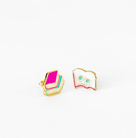Books and Glasses Earrings - Gold Bibliophile Literary Studs