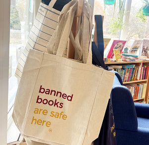 Banned Books Are Safe Here Tote Bag (Canvas, gold and maroon type)| Truth & Gold