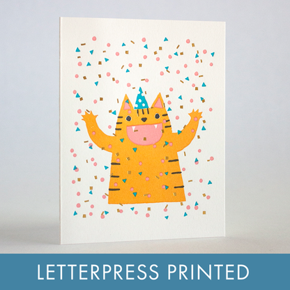 Confetti Cat Party Letterpress Greeting Card by Fugu Fugu : Plastic sleeve