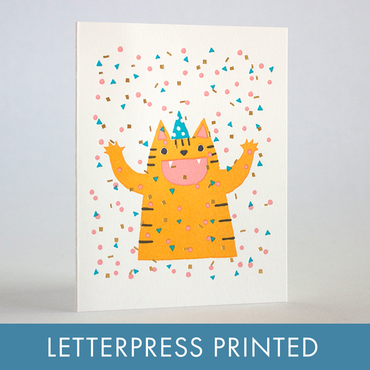 Confetti Cat Party Letterpress Greeting Card by Fugu Fugu : Plastic sleeve