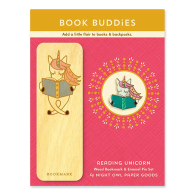 READING UNICORN BOOK BUDDIES Wood Mini Bookmark + Pin Gift Set | Night Owl Paper Goods