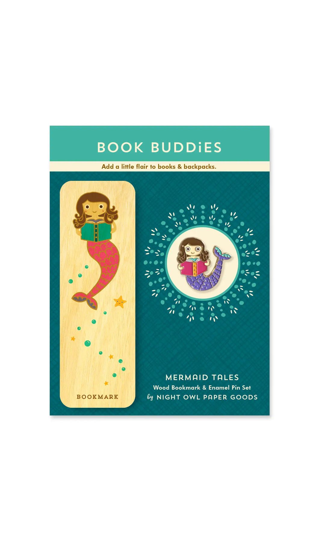 MERMAID TALES BOOK BUDDIES wood mini bookmark + pin gift set | Night Owl Paper Goods