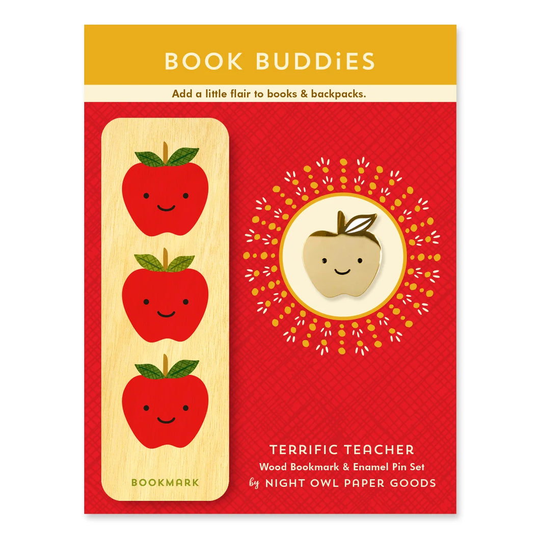 TERRIFIC TEACHER BOOK BUDDIES Wood Mini Bookmark + Pin Gift Set | Night Owl Paper Goods